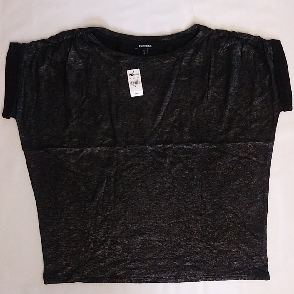 Express Metallic Ruched Sleeve Bateau Neck Tee. Size M - Picture 2 of 6